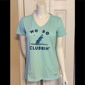 NWT Life is Good We Be Clubbin' Crusher T-Shirt SZ S Bermuda Blue